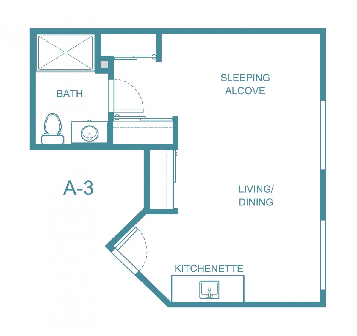 A floor plan of a studio apartment with designated areas for bath, sleeping alcove, kitchen, and living/dining space.
