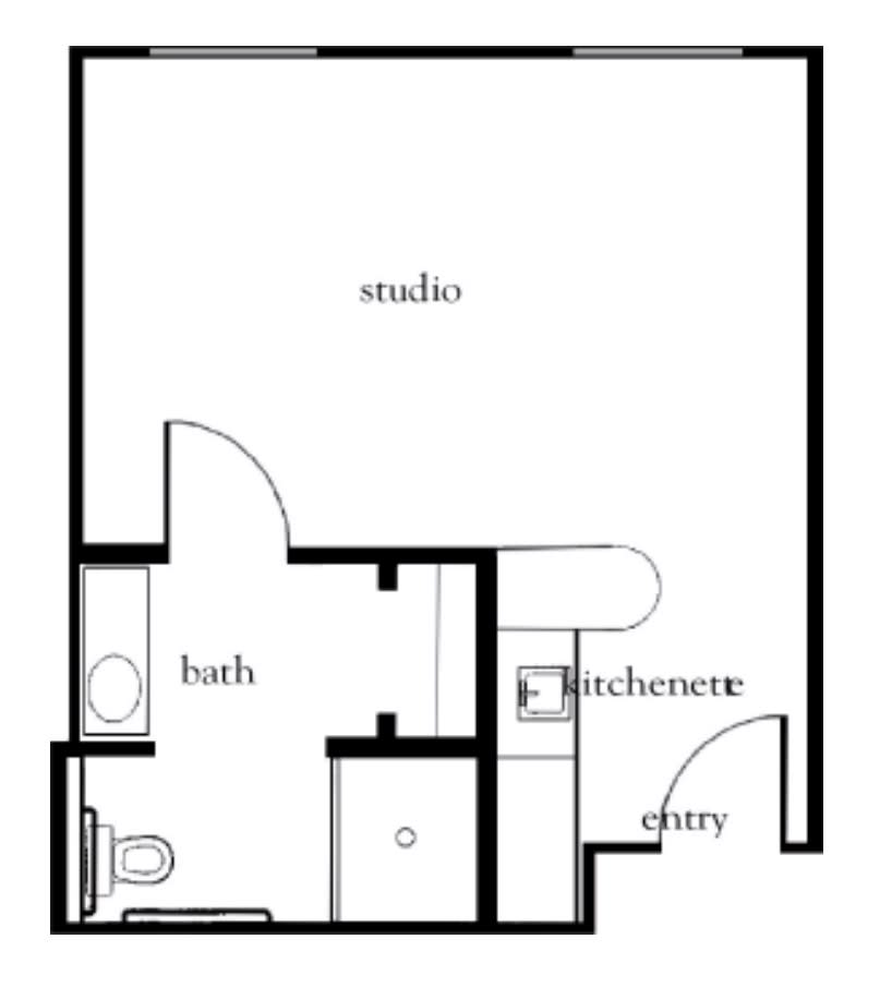 A floor plan of a studio apartment featuring a main living area, bathroom, kitchenette, and entry.
