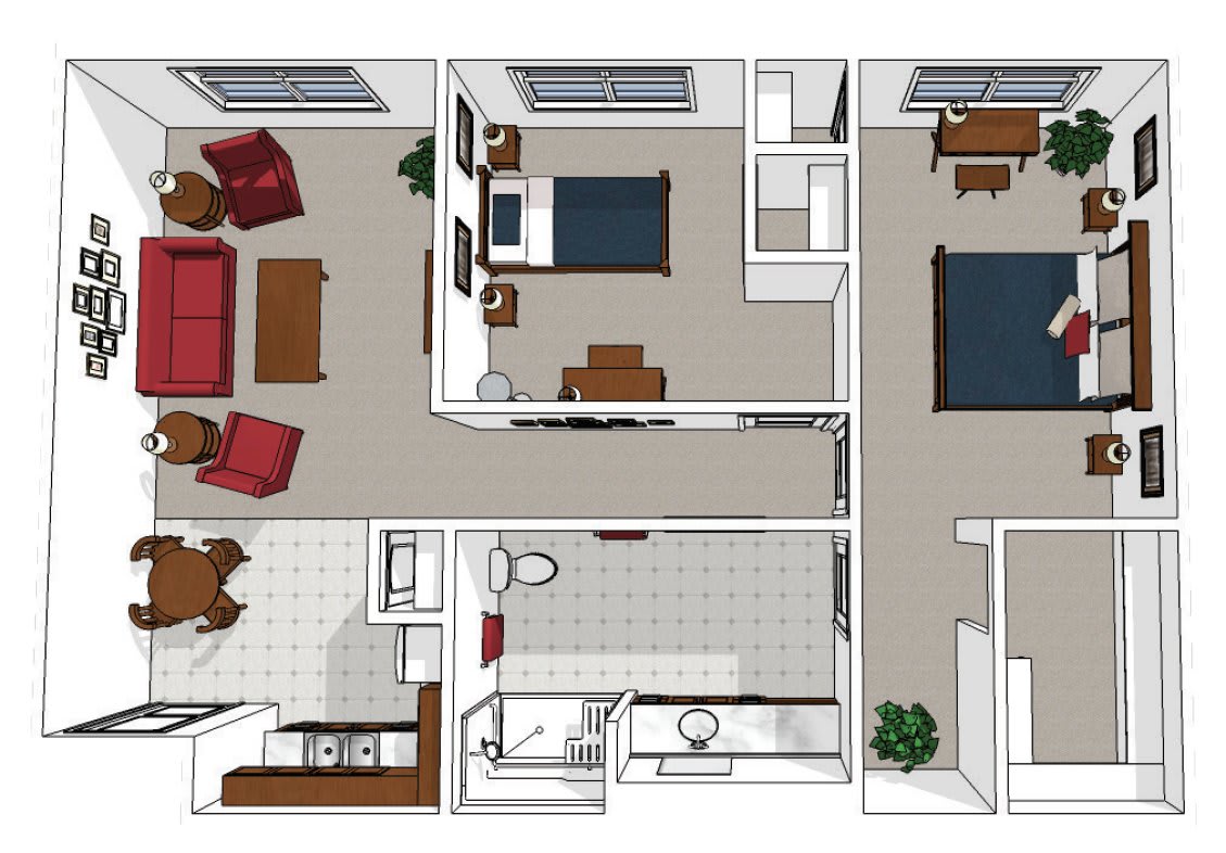 3D floor plan of a two-bedroom apartment with living room, kitchen, and bathroom.
