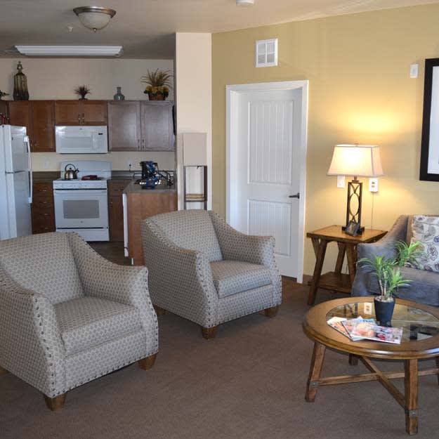 A cozy living room with a view of the kitchen area, featuring comfortable chairs and modern appliances.