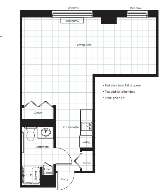 A simple apartment floor plan with labeled areas including a bathroom, kitchen, and living area.