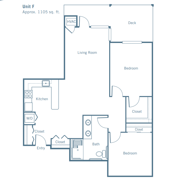 A floor plan of a two-bedroom apartment with a living room, kitchen, and bathroom.