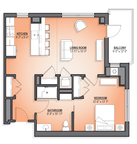 A floor plan of an apartment showing the layout of rooms including a kitchen, living room, bedroom, and bathroom.