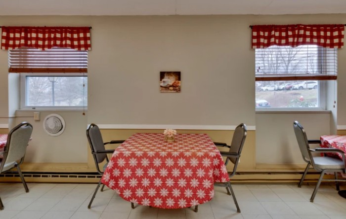 A cozy dining area with a red checkered tablecloth and two chairs, flanked by windows with matching curtains.