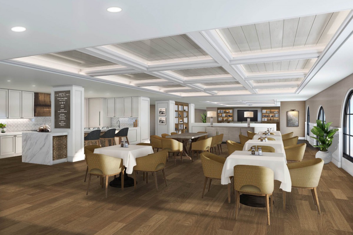 A modern restaurant interior with neatly arranged tables and chairs, featuring elegant ceiling lights.