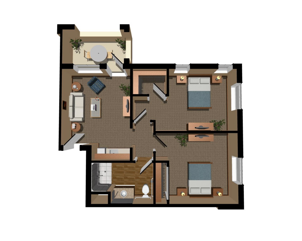 A detailed floor plan of a residential apartment featuring two bedrooms, a living area, kitchen, and bathroom.