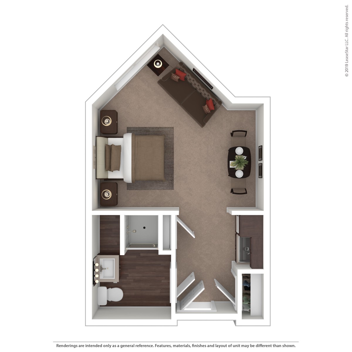 A floor plan of a small apartment featuring a living room, kitchen, and bathroom.