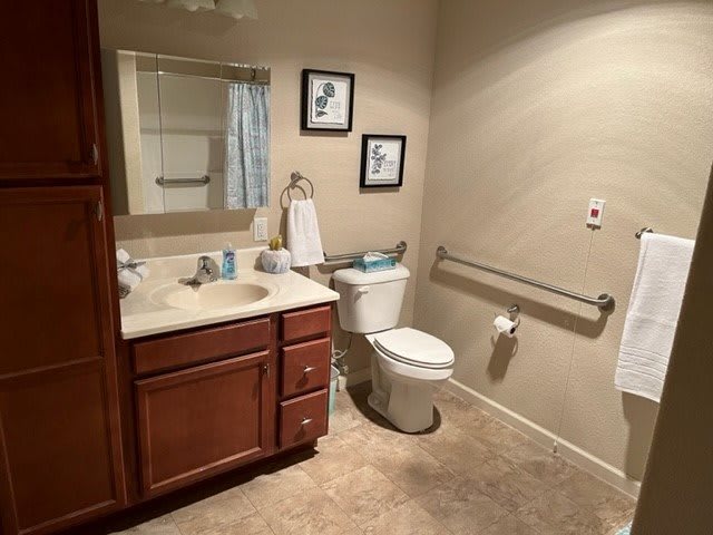 A well-organized bathroom featuring a sink, toilet, and mirror, with accessibility features.