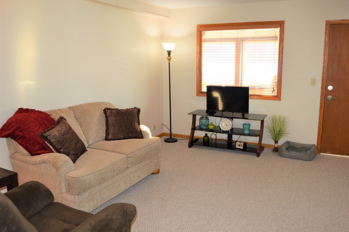 A cozy living room with a sofa, floor lamp, and television, featuring neutral tones and carpeted flooring.