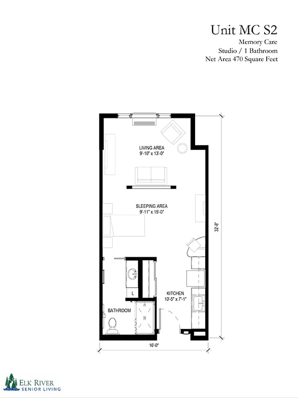Floor plan of a studio apartment showcasing the layout and design of a small living space.
