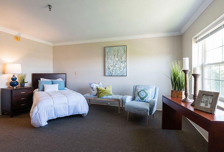 A modern bedroom with a stylish bed, armchair, and sofa accented by wall art and indoor plants.