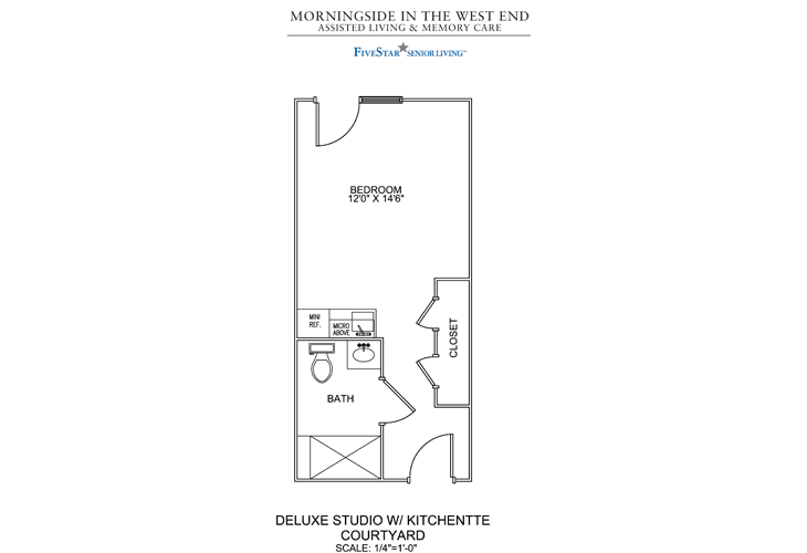 Studio apartment floor plan with a walk-in closet and bathroom.