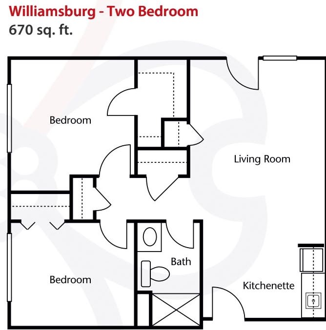 Floor plan of a Williamsburg two-bedroom apartment, measuring 670 square feet.
