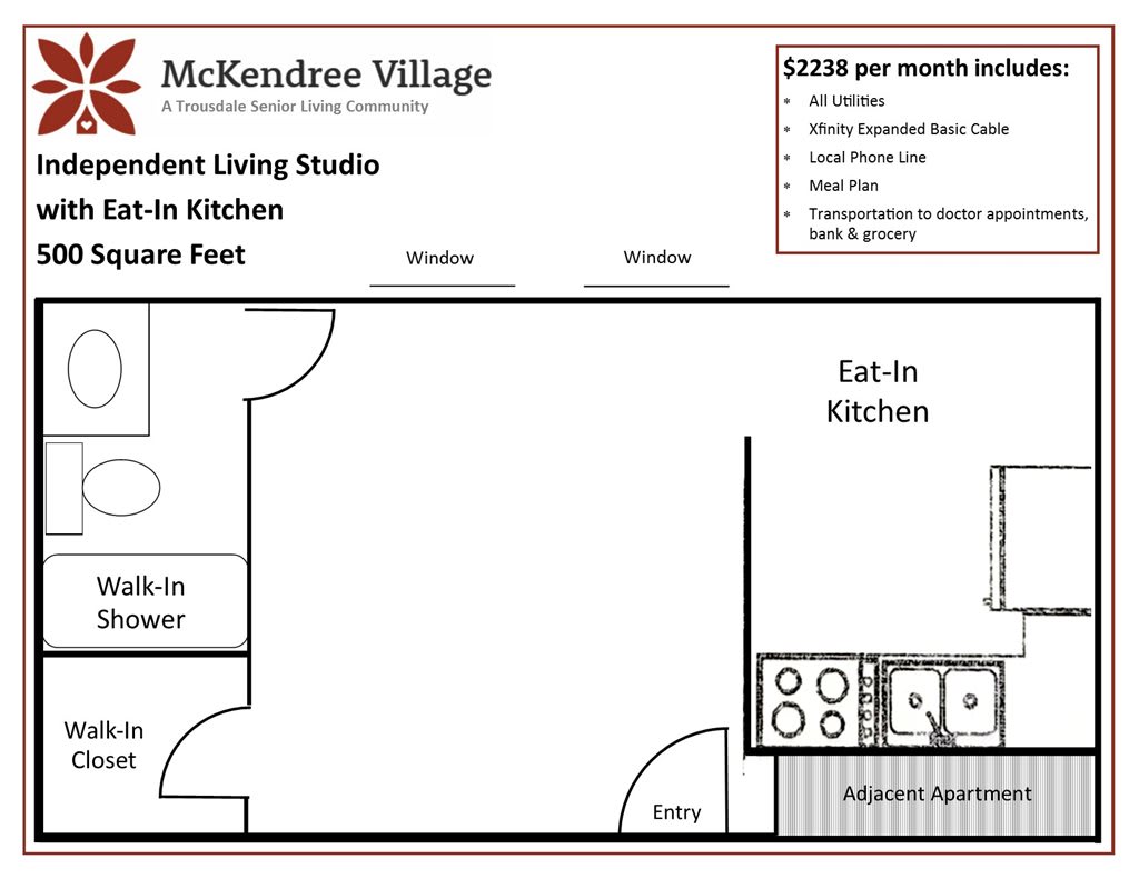 Floor plan of a student living studio at McKendree Village.