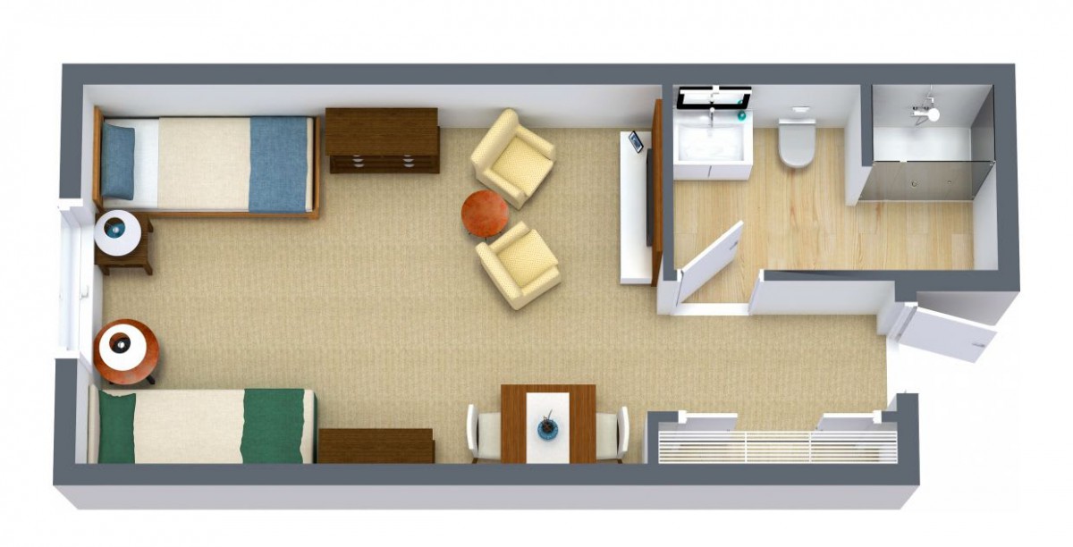 A 2D floor plan layout of a small apartment with furniture arrangement.