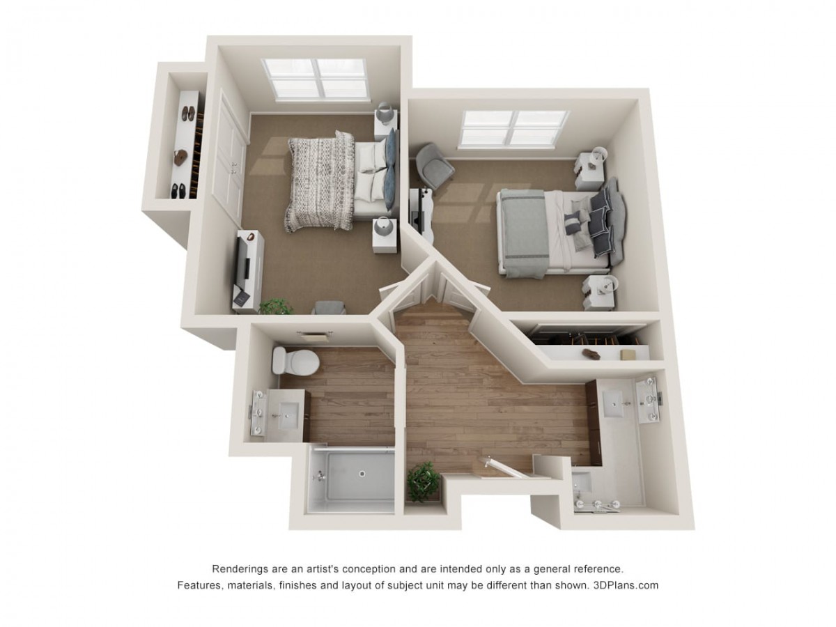 A 3D floor plan of a two-bedroom apartment, showcasing the layout with bedrooms, living area, kitchen, and bathroom.