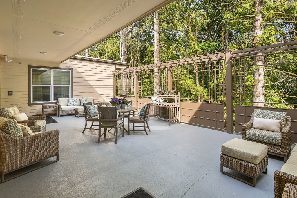 A spacious outdoor patio with comfortable seating and a pergola, surrounded by lush greenery.