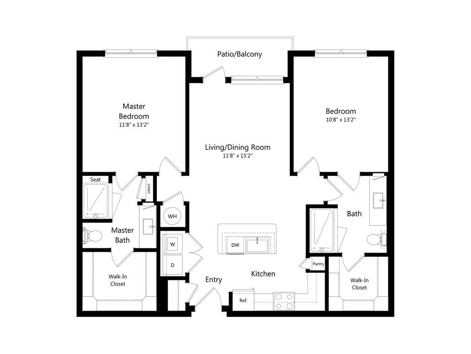 A floor plan of an apartment featuring two bedrooms, a living/dining room area, kitchen, and bathrooms.