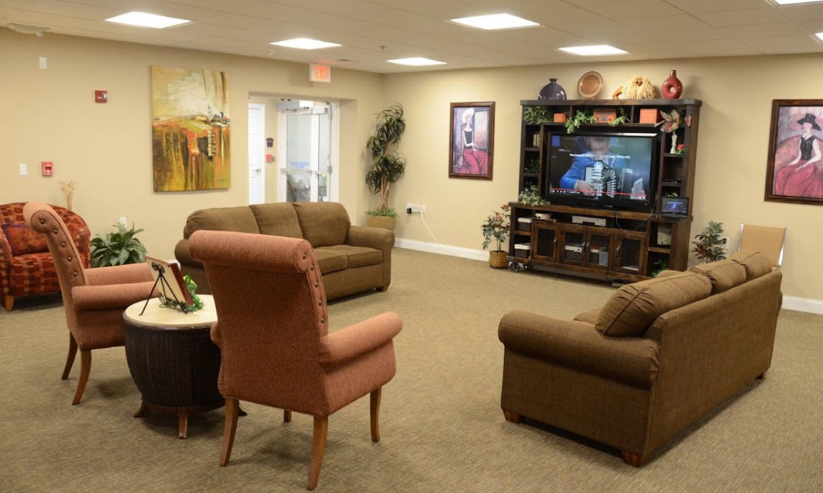 A cozy living room with sofas, an armchair, and a television.