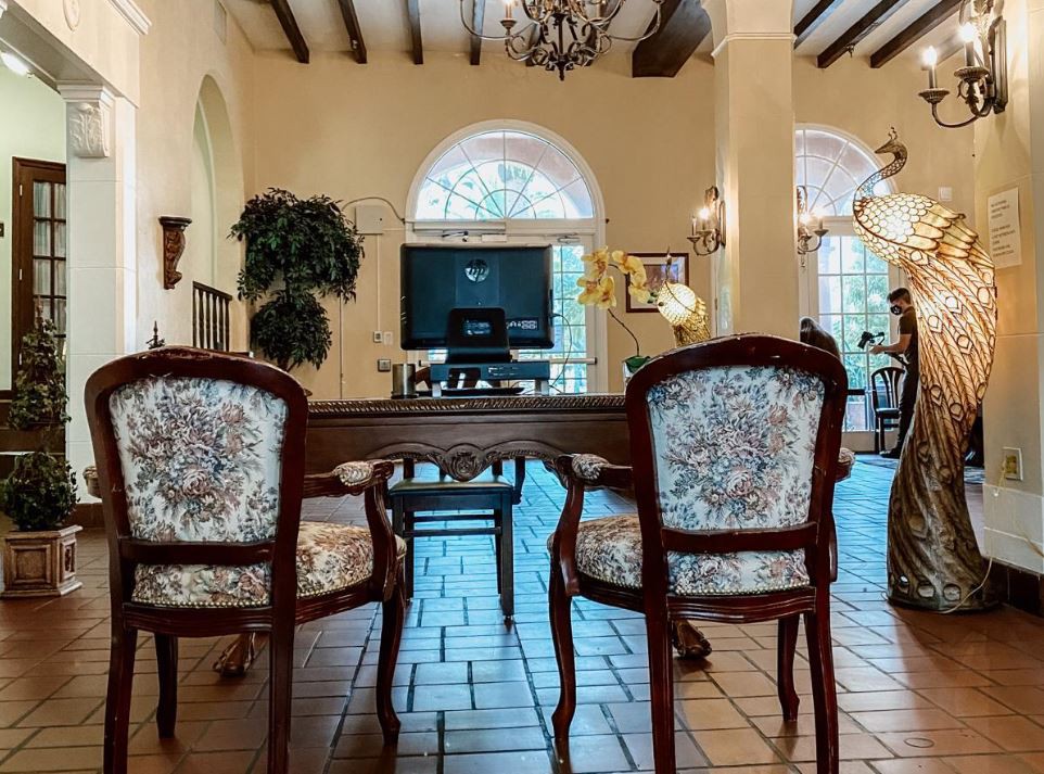 A classic living room with elegant furniture, featuring a dining table and armchairs, a television, and arched windows with natural light.