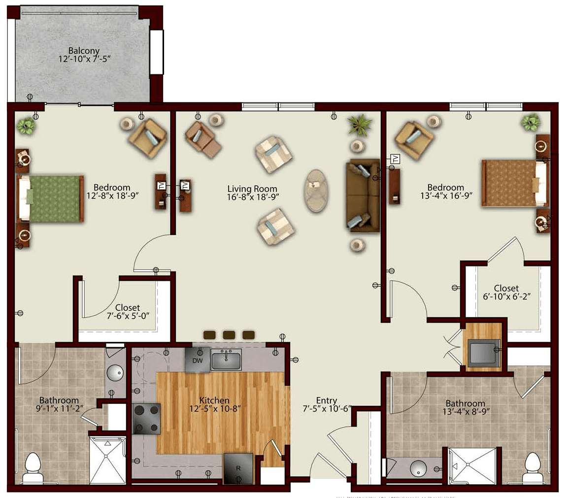 A detailed floor plan of a two-bedroom apartment with labeled rooms and areas.
