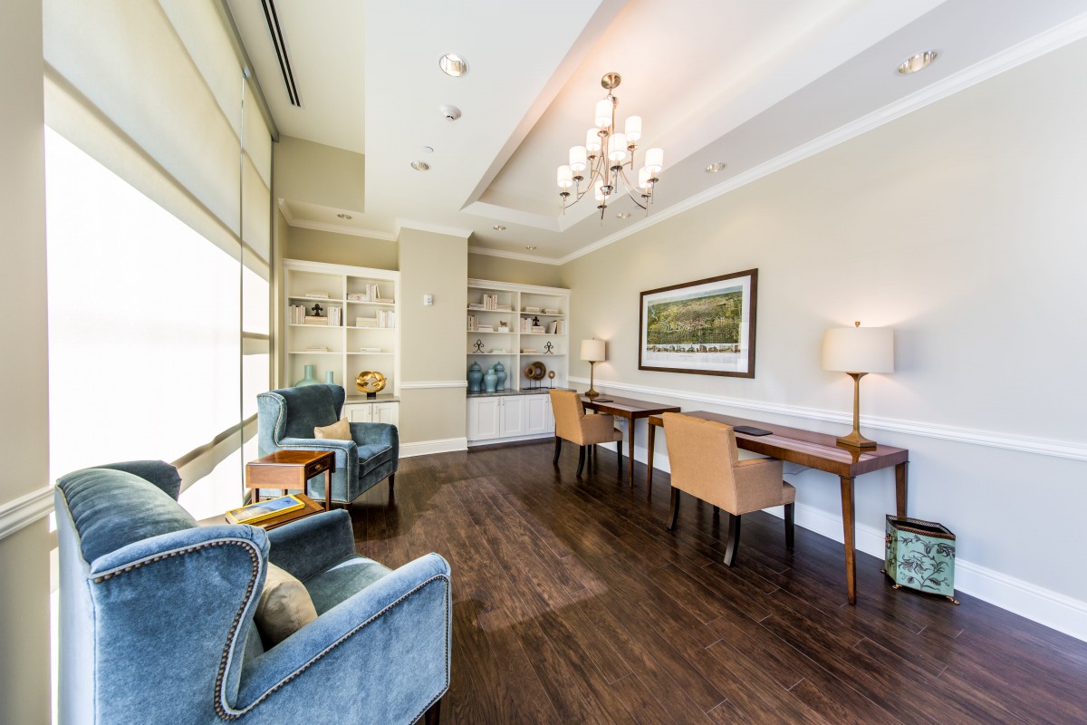A modern office space with comfortable seating and elegant decor.