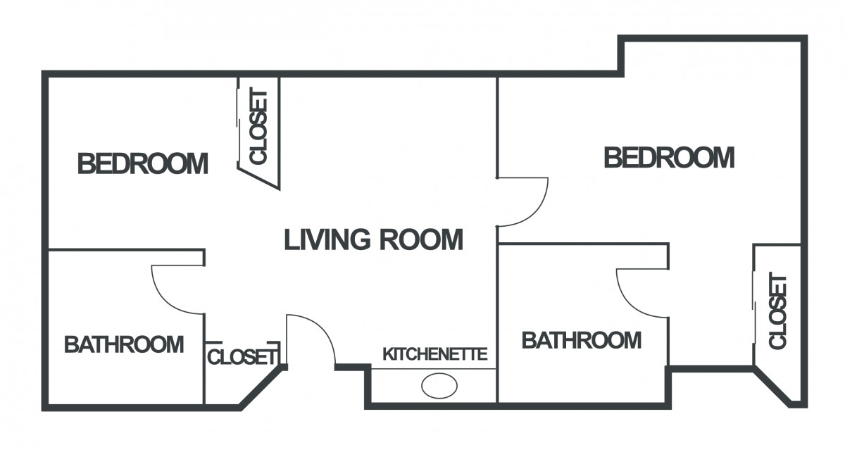A floor plan of an apartment featuring a living room, bedroom, bathroom, closets, and a kitchenette.