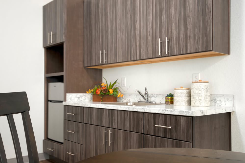 A modern kitchen with sleek cabinets and a well-organized countertop.