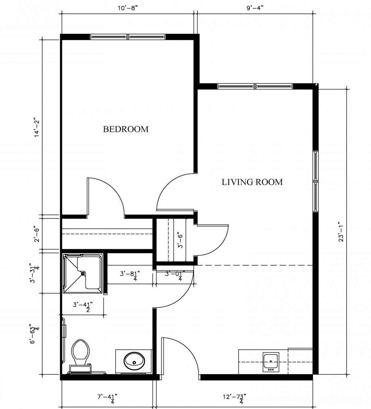 A detailed floor plan of a small apartment featuring a bedroom, living room, and bathroom.