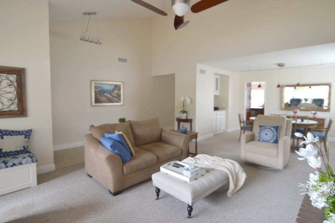 A cozy living room with sofas, a coffee table, and artwork on the wall.