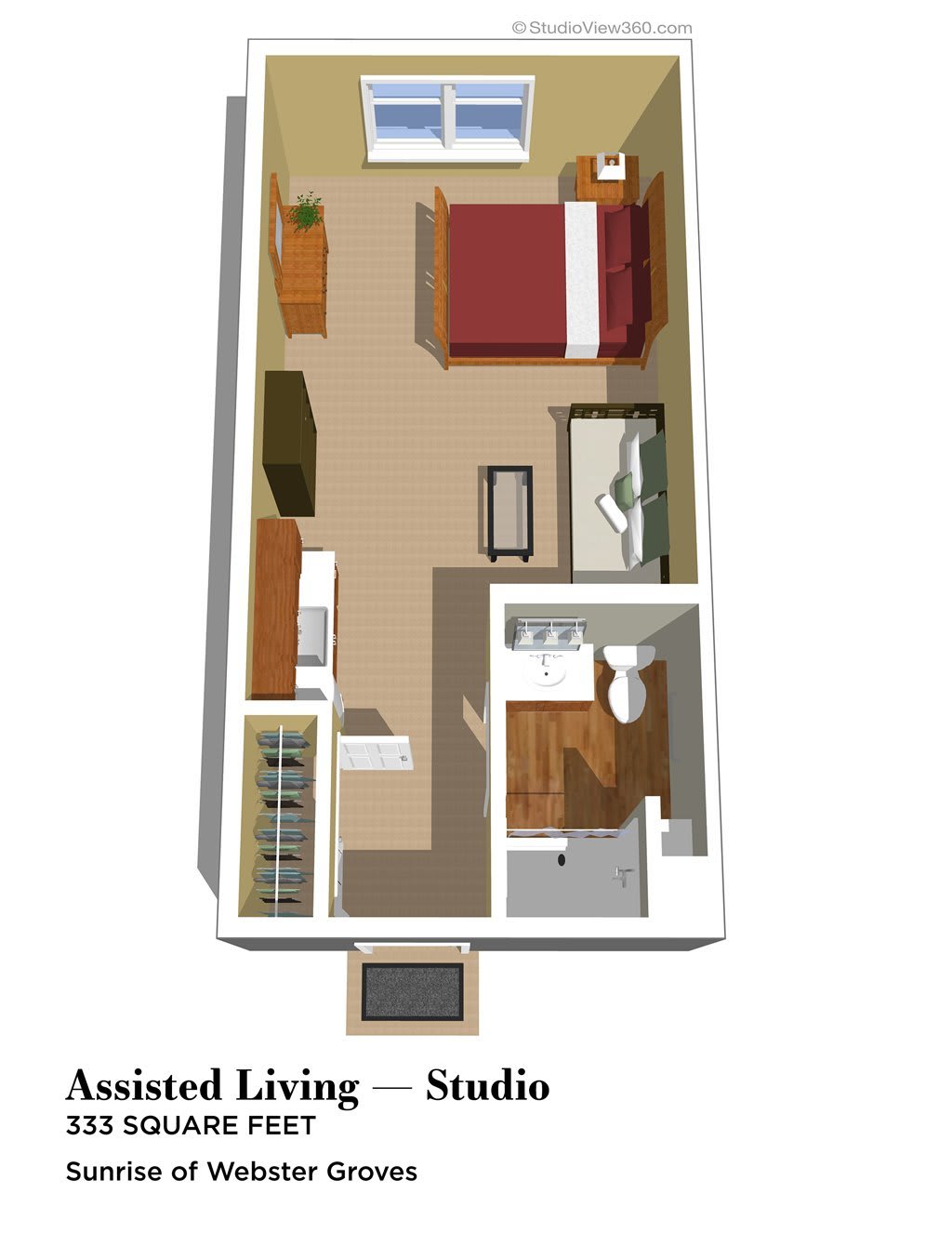 3D floor plan of an assisted living studio apartment.