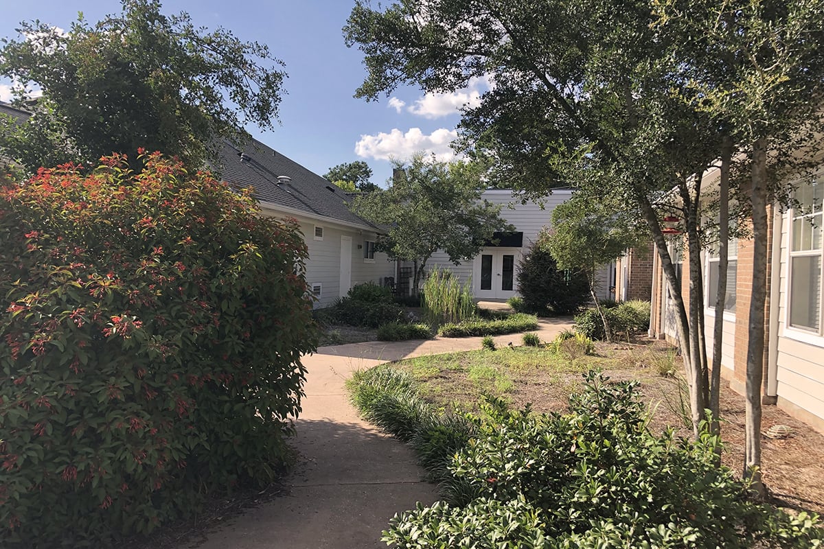 A residential house with a garden and trees lining a curved pathway.