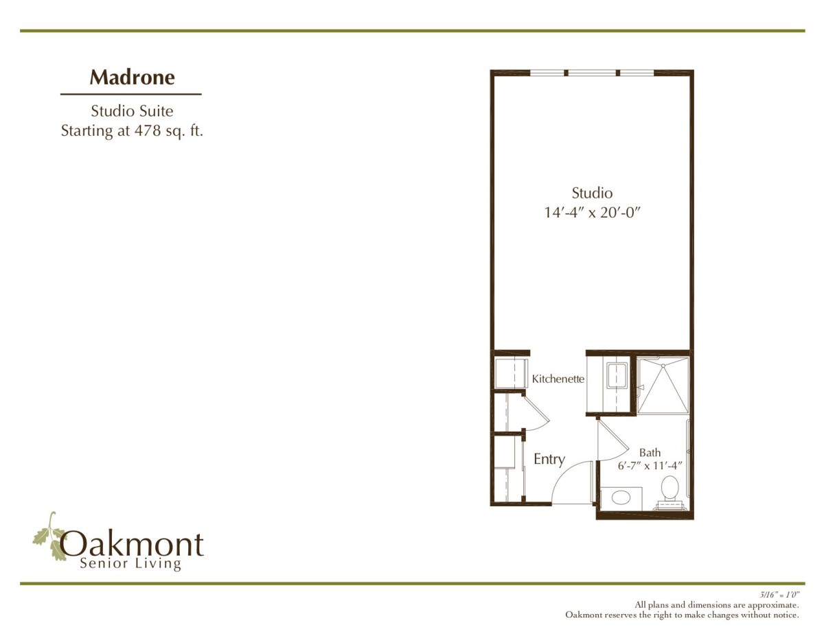 A floor plan for a studio apartment, highlighting its layout and dimensions.