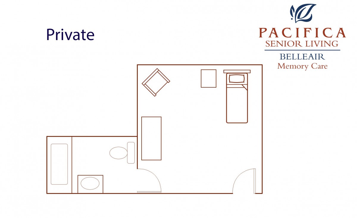 A simple floor plan of a private room with a bed, table, and chair layout.