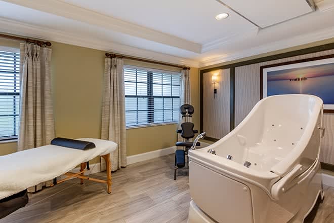 A serene spa room featuring a massage table and jacuzzi for relaxation.