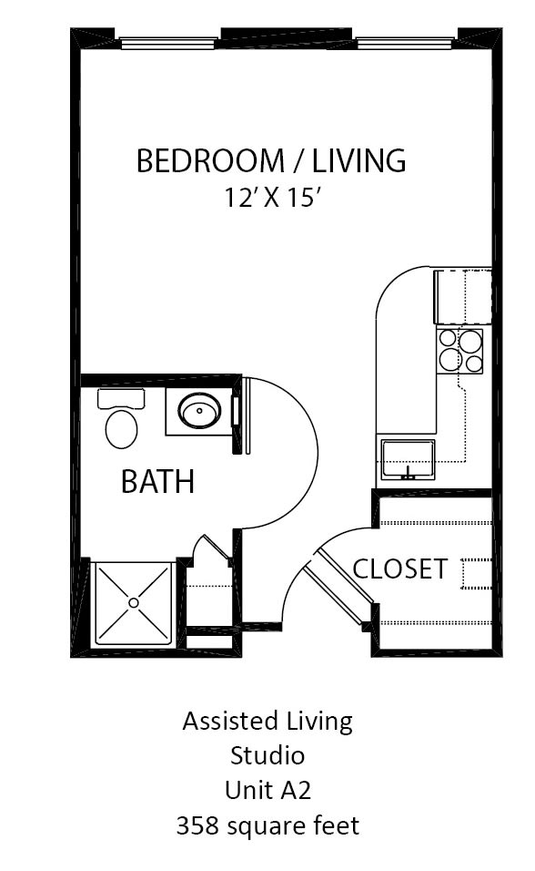 Studio apartment floor plan with combined bedroom and living area, kitchen, bathroom, and closet.