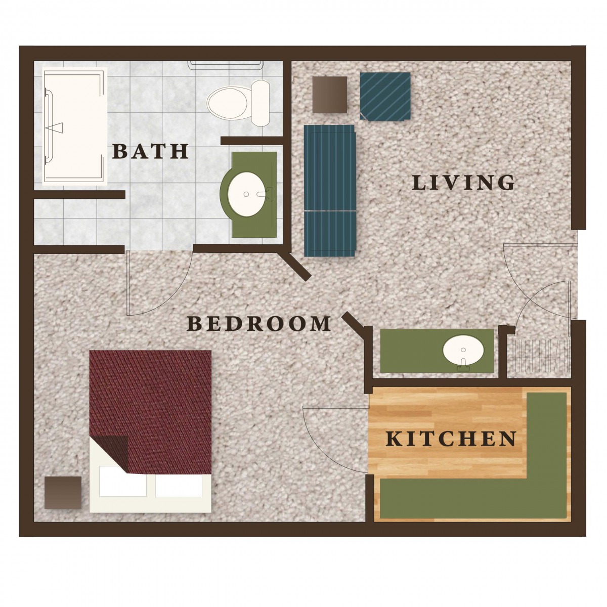 A floor plan of a one-bedroom apartment featuring a living room, kitchen, bathroom, and bedroom.