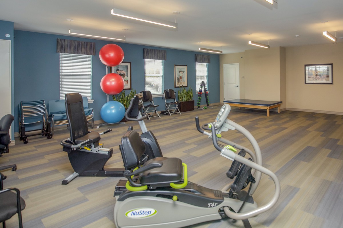 A modern gym with various exercise equipment including stationary bikes and exercise balls.