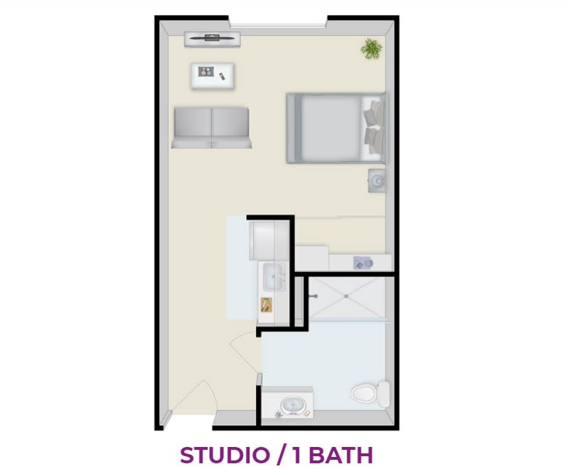 Studio apartment floor plan with one bath.