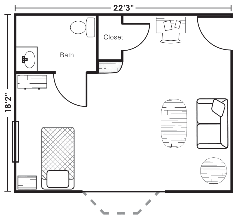 A floor plan of a studio apartment featuring a living area, bedroom space, and a bathroom.