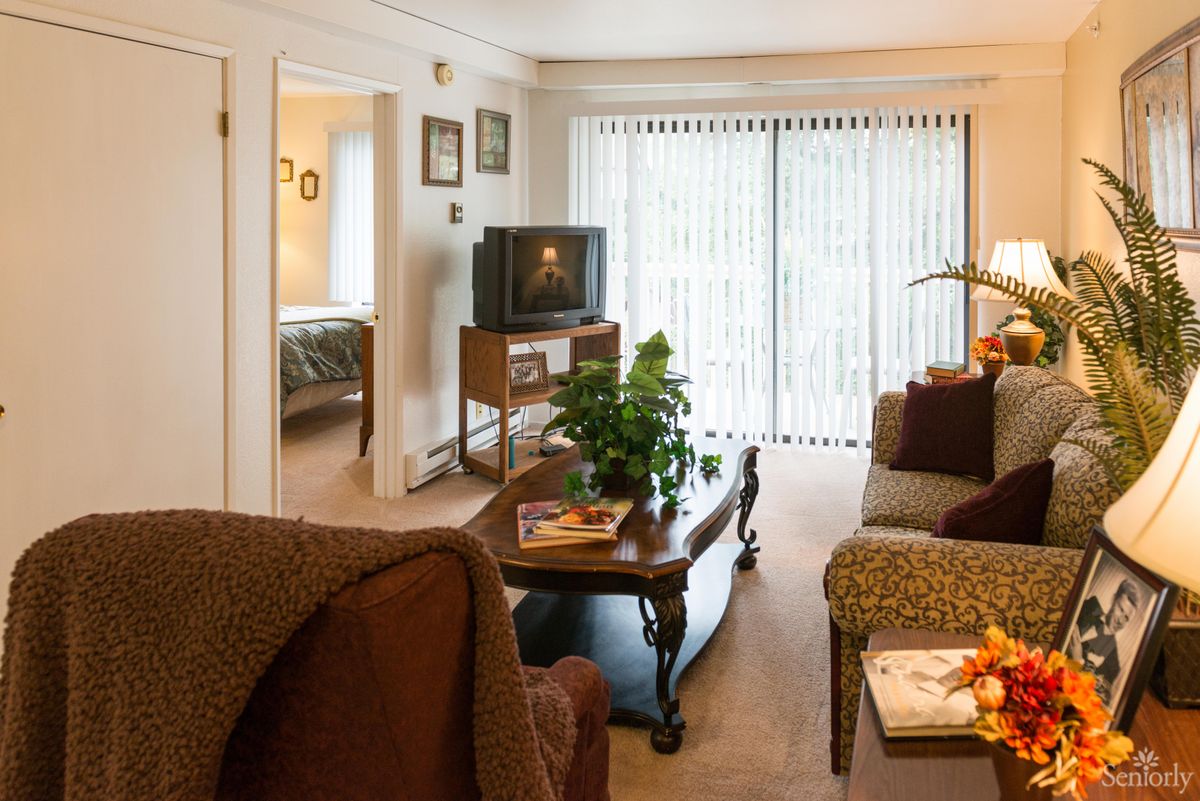 A cozy living room with comfortable seating, a TV on a stand, and a coffee table adorned with plants.