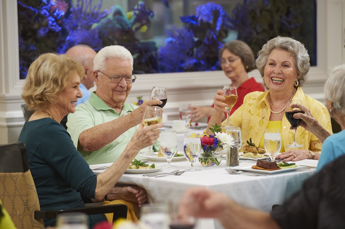A group of elderly friends enjoying a celebratory dinner together, raising their glasses in a toast.