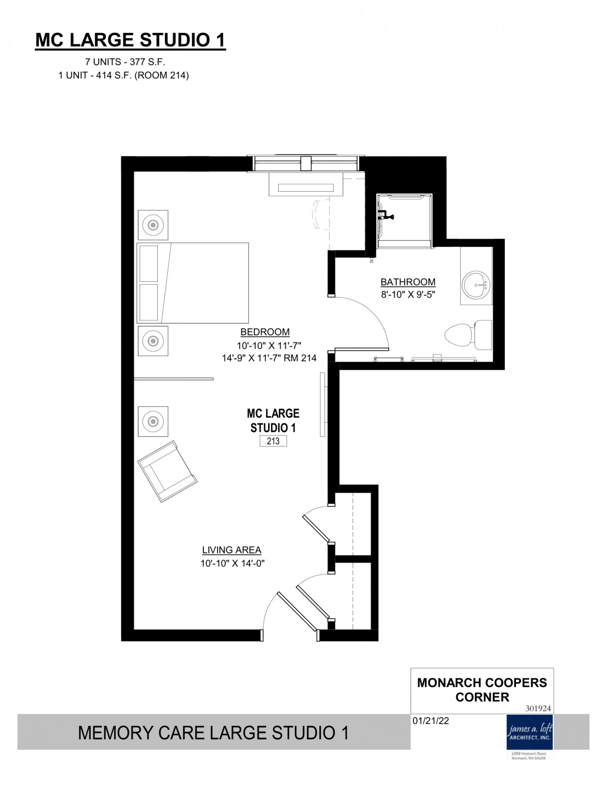 Floor plan of a studio apartment layout.