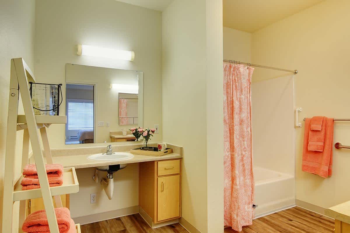 A bathroom featuring a sink with a mirror above it, wooden cabinetry, and a shower with a pink curtain.