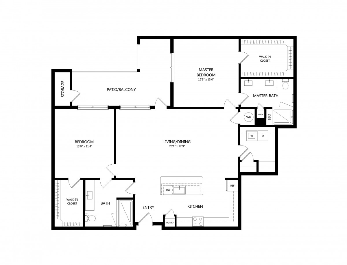 A floor plan of a two-bedroom apartment with kitchen and living room.