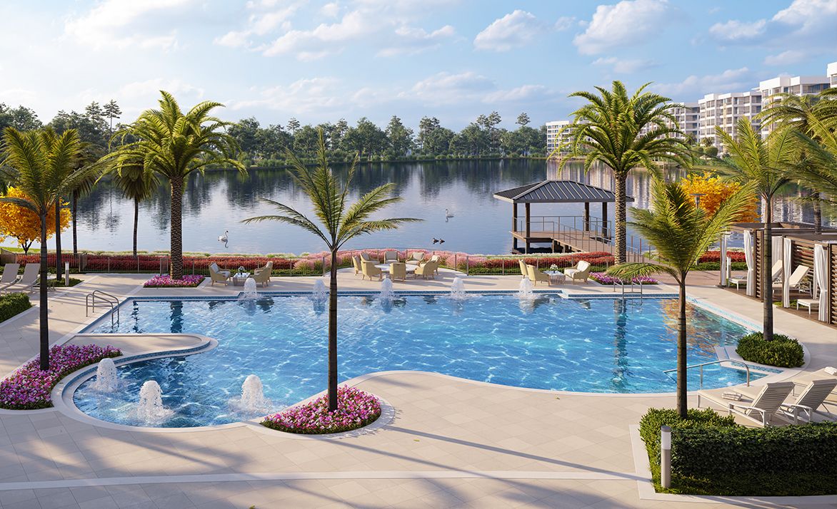 A luxurious poolside view overlooking a serene lake with palm trees and a gazebo.