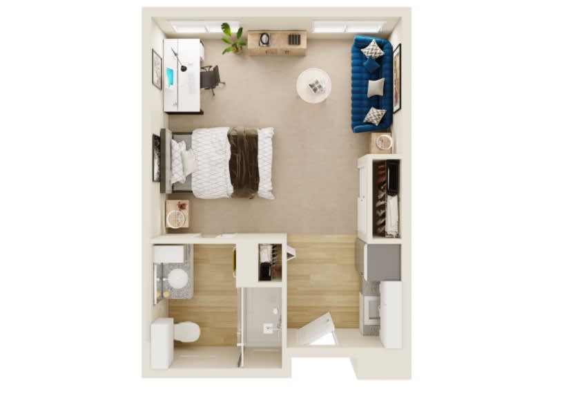 A modern 1-bedroom apartment floor plan featuring a bedroom, living area, and bathroom.