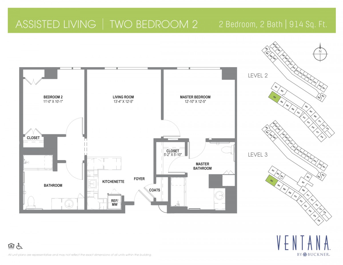 Two-bedroom assisted living floor plan with detailed layout.
