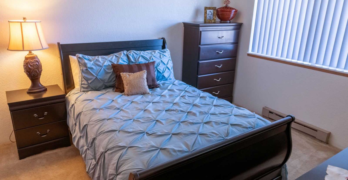 A neatly made bed with decorative pillows in a cozy bedroom featuring a chest of drawers.