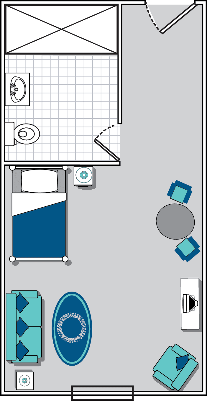 A floor plan depicting a compact living space with a bedroom, bathroom, and furniture arrangement.